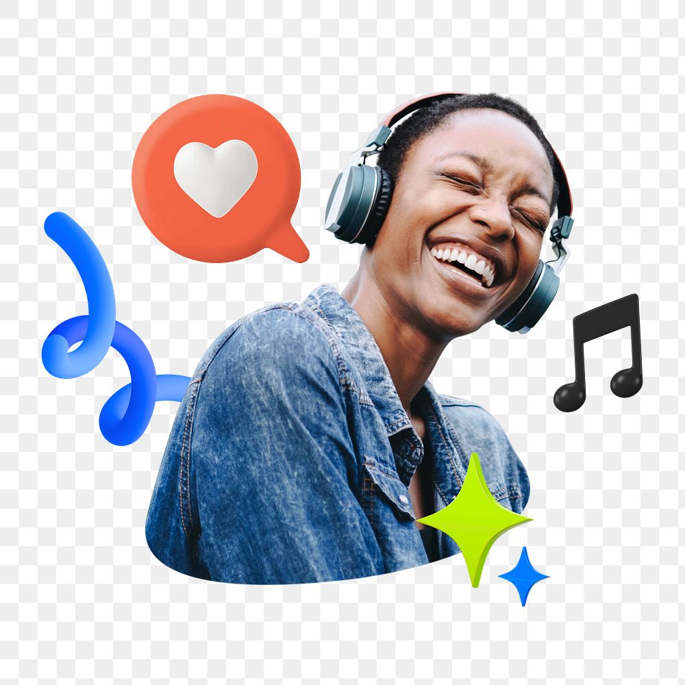Happy woman png listening to music, 3D remix, transparent background