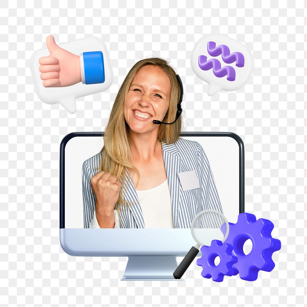 Happy call center png woman, 3D customer service remix, transparent background