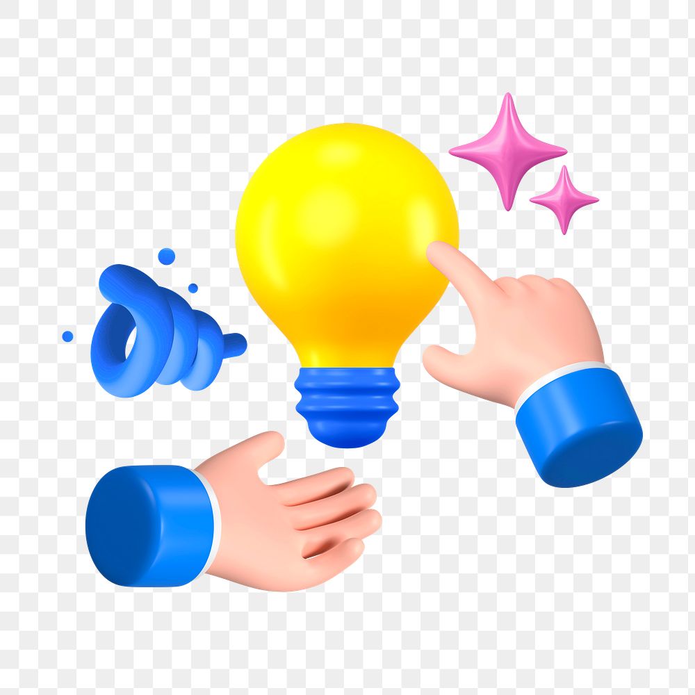 Hands presenting png creative light bulb, 3D graphic, transparent background