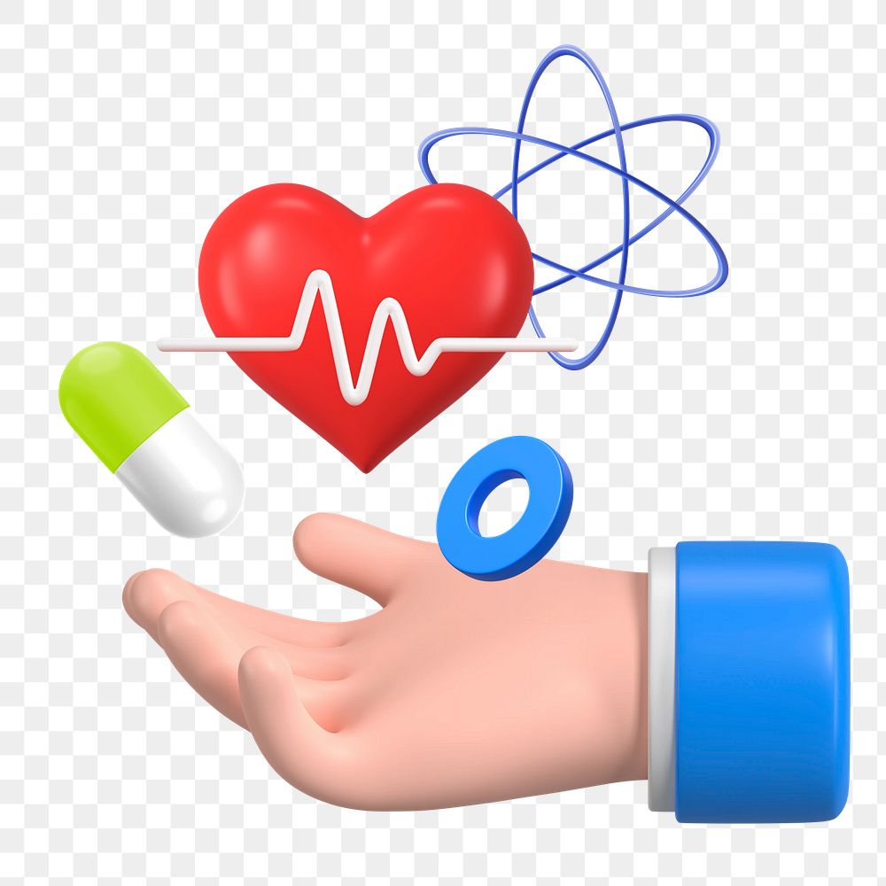 Health technology png sticker, 3D hand presenting heart, transparent background