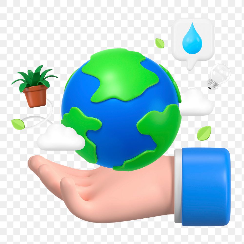 Sustainable environment png sticker, hand presenting globe 3D graphic, transparent background