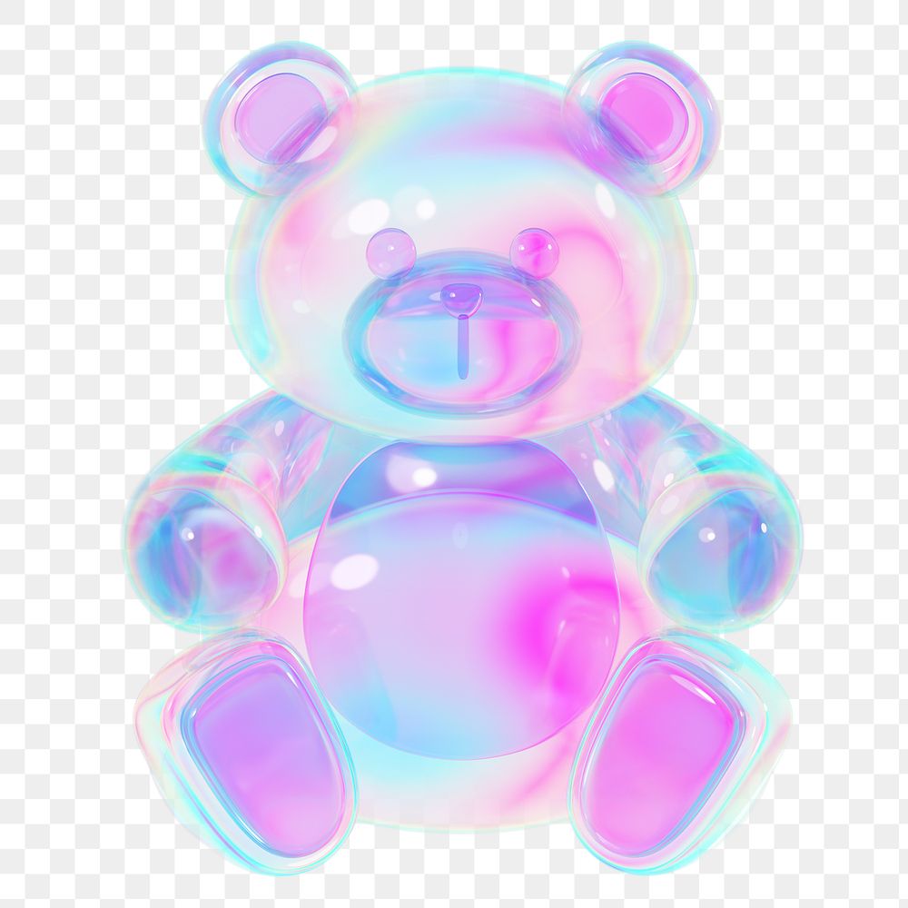 Holographic teddy bear png, 3D illustration on transparent background