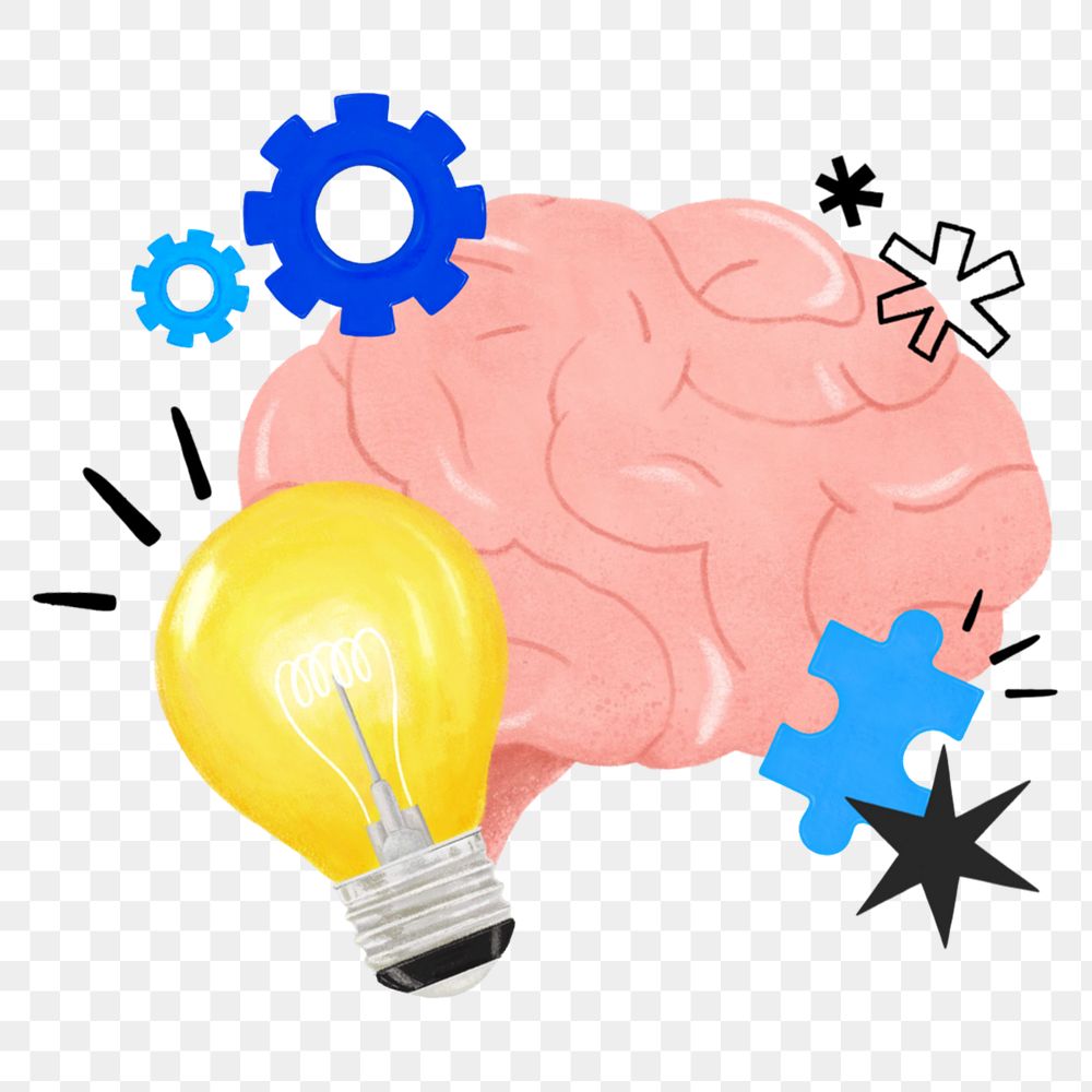 Creative ideas brain png, light bulb, business remix, transparent background