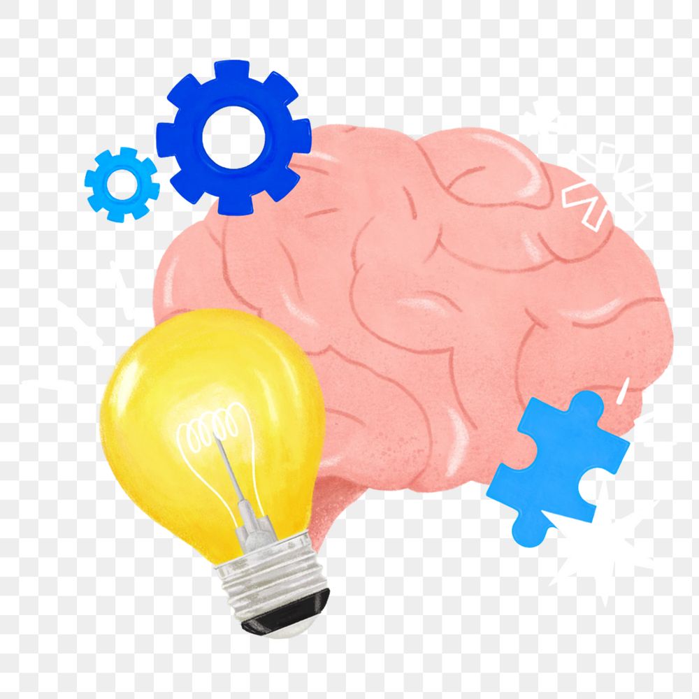 Creative ideas brain png, light bulb, business remix, transparent background