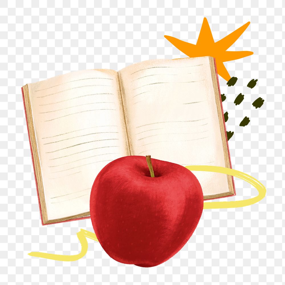 Book and apple png, education remix, transparent background