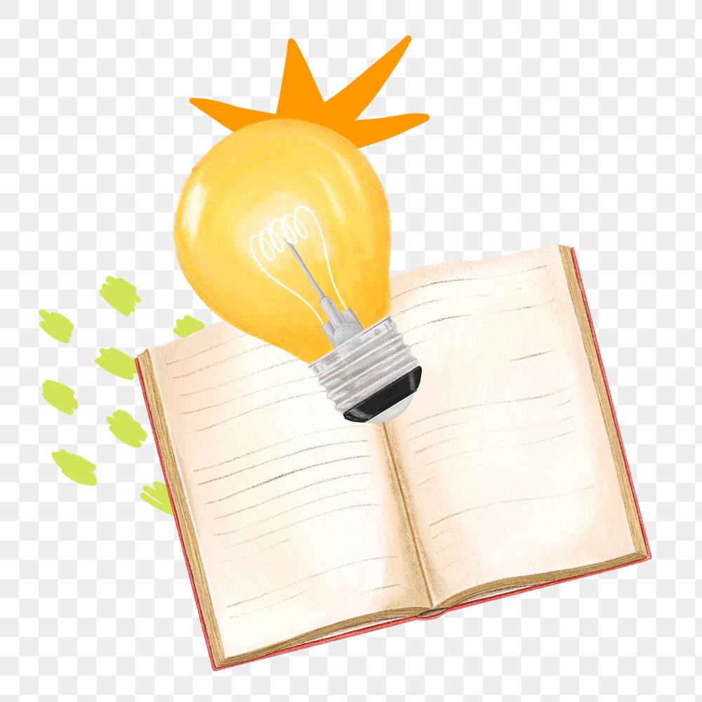 Book and light bulb png, education remix, transparent background