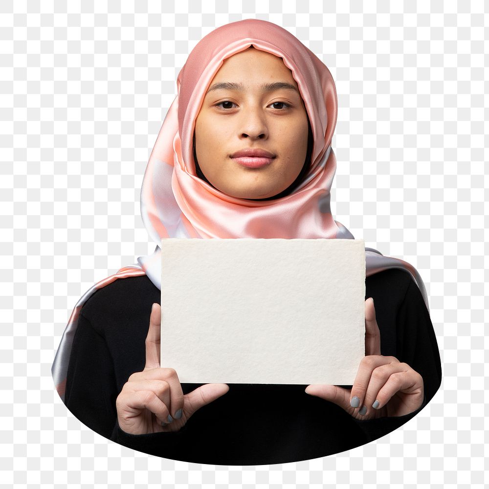 PNG Muslim woman showing an invitation card, collage element, transparent background