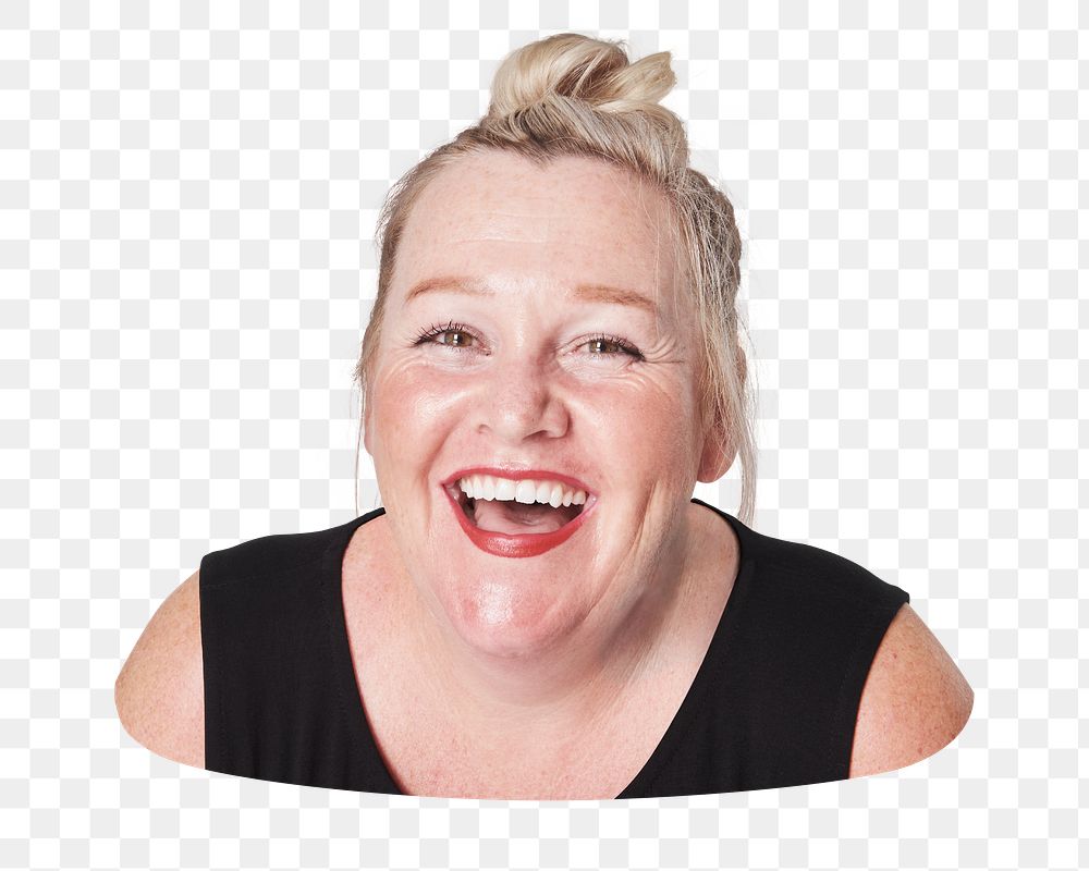 Happy plus-size woman smiling png, transparent background