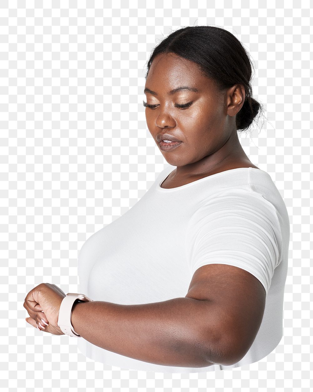 Png curvy woman staring at a watch, transparent background