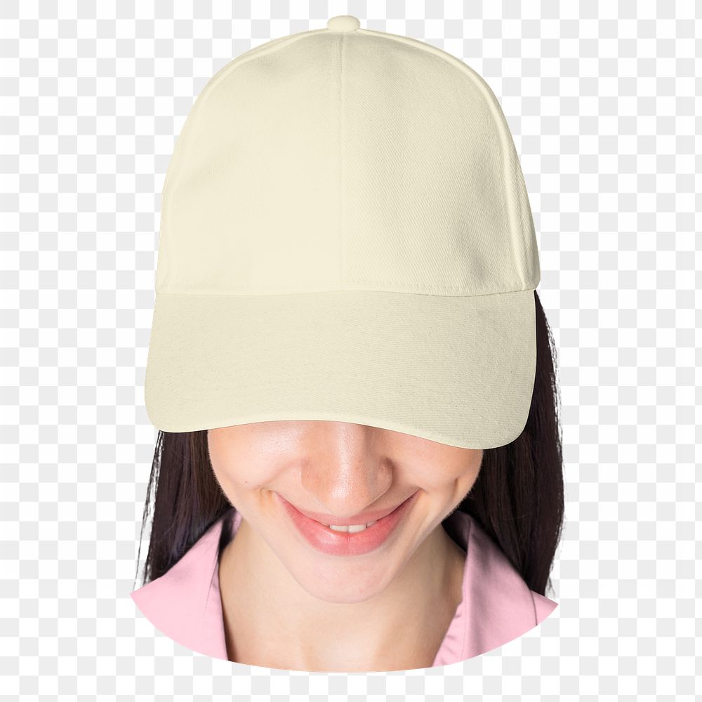 Happy woman png wearing beige cap, transparent background