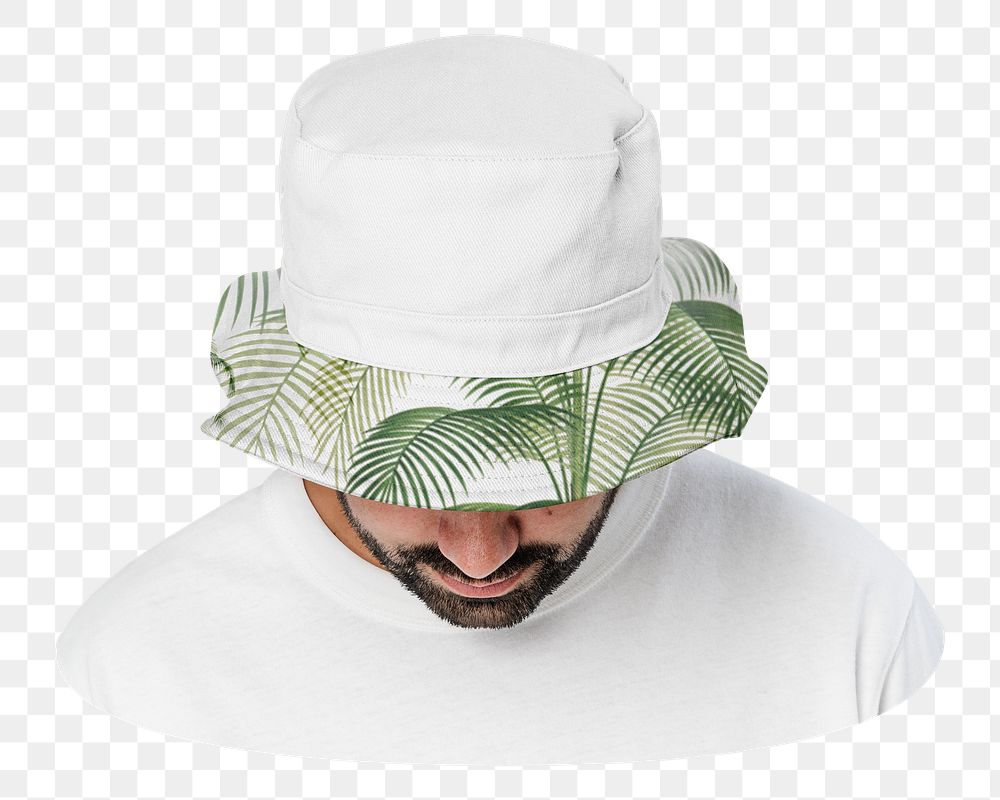Png man in bucket hat, leaf printed brim, transparent background