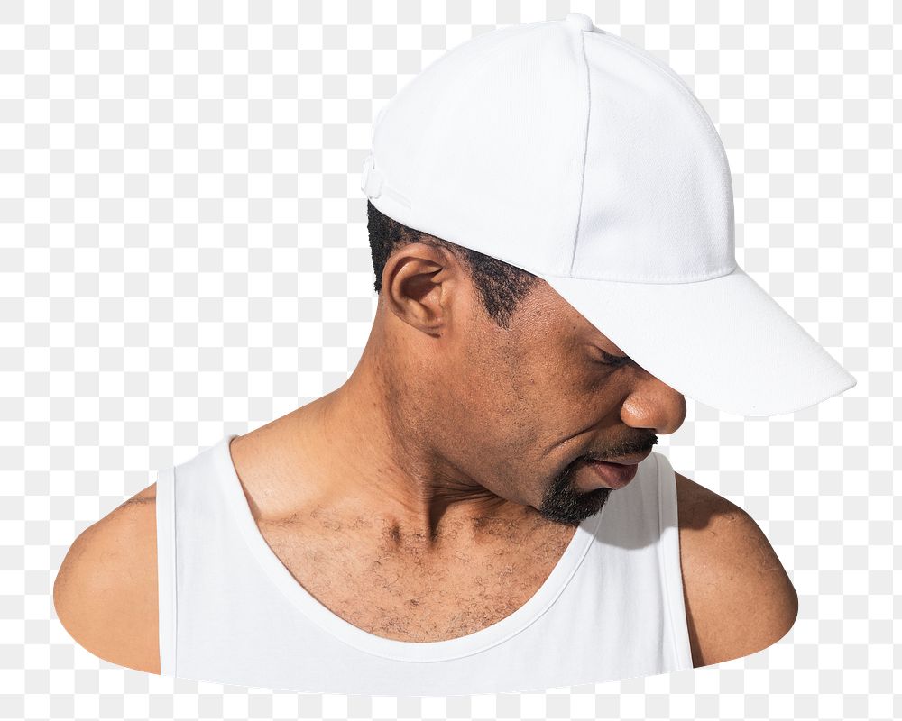 Png white cap and white tank top, African American model, transparent background