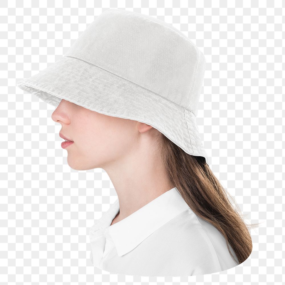 Png girl with white bucket hat, transparent background
