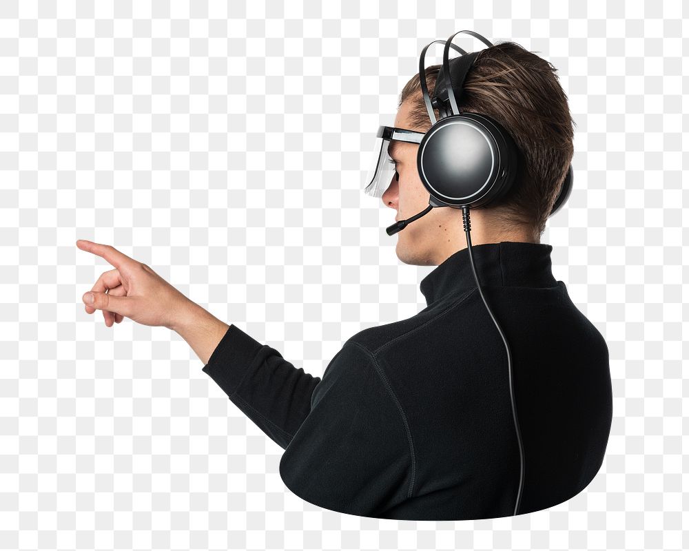 Png man wearing smart glasses and black headset, transparent background