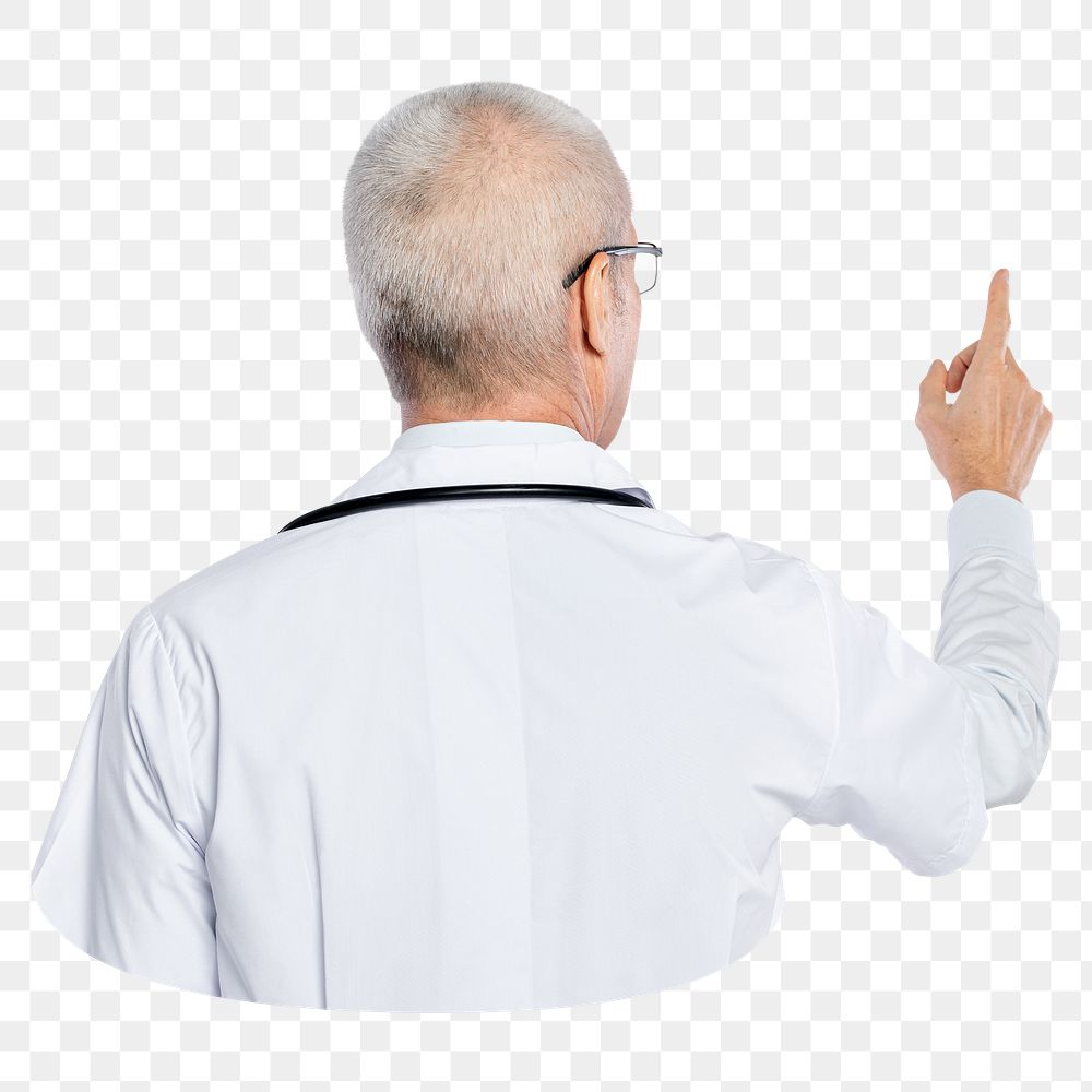 Matured male doctor png rear view, transparent background