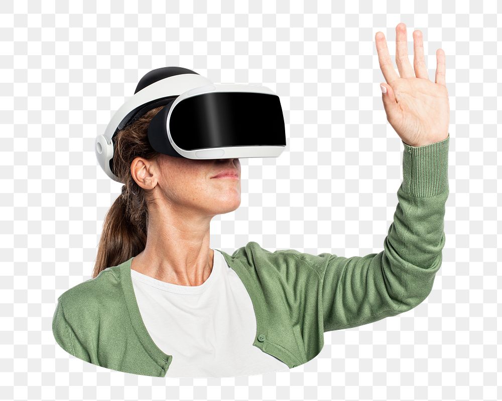 Woman png in a green cardigan experiencing VR, transparent background
