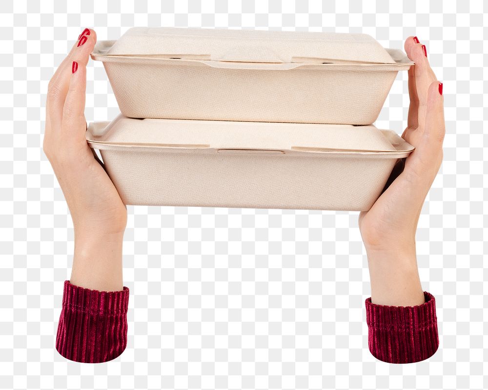 Png hands holding takeaway boxes, transparent background