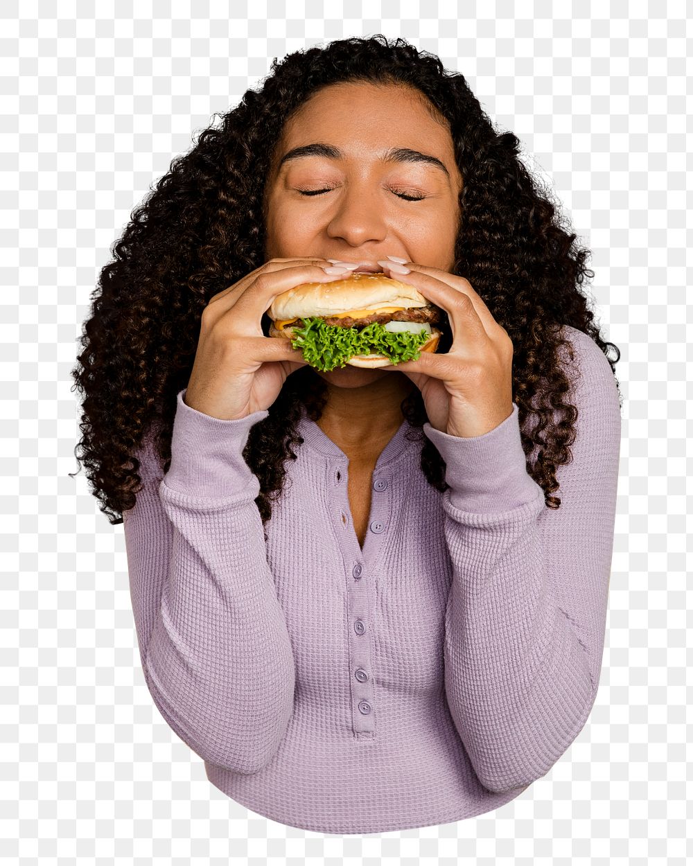 Png woman eating hamburger, transparent background