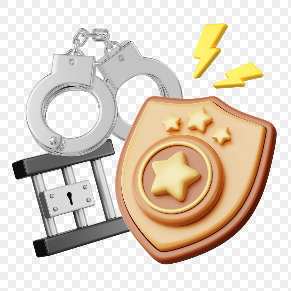 Police star png badge, handcuffs & cell, 3D job remix, transparent background