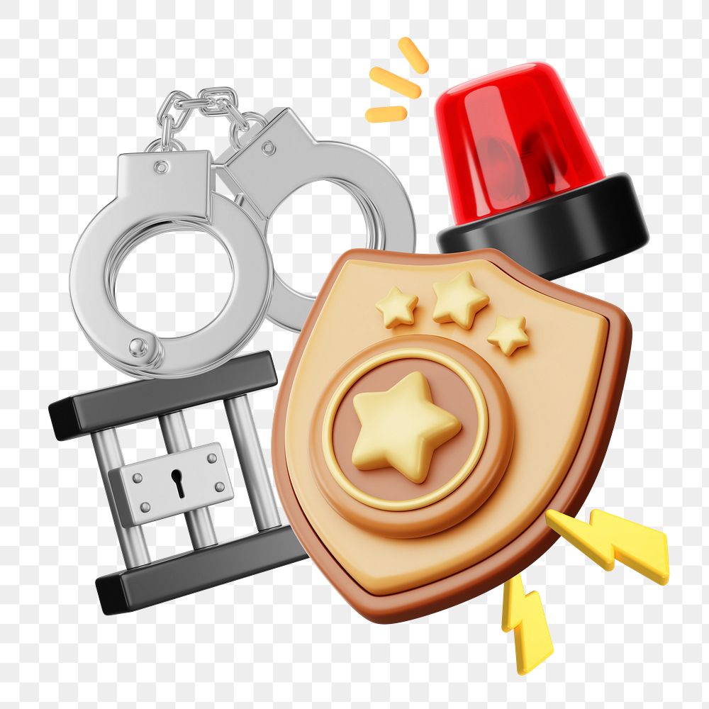 Police star png badge, handcuffs & cell, 3D job remix, transparent background