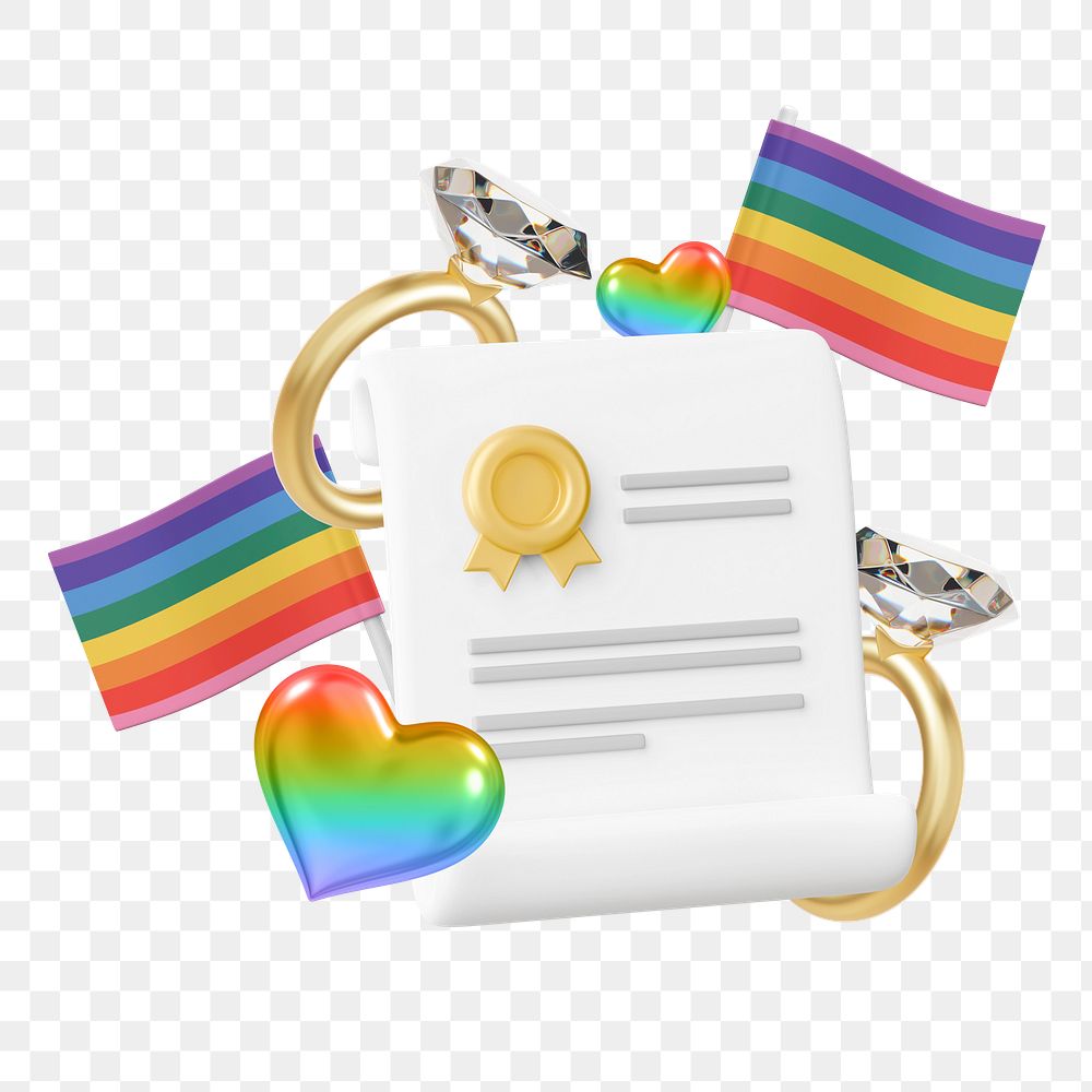 Gay marriage certificate png, 3D LGBTQ remix, transparent background