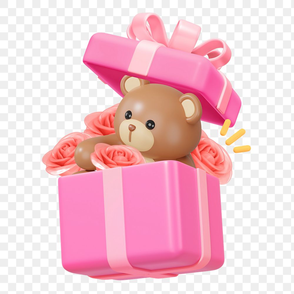 Valentine's teddy bear png, 3D gift box remix, transparent background