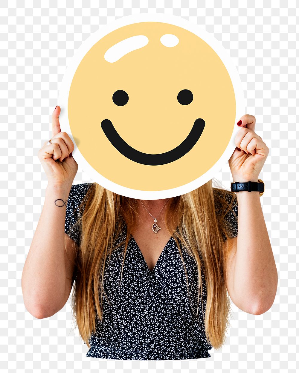 PNG Woman holding emoticon icon, transparent background