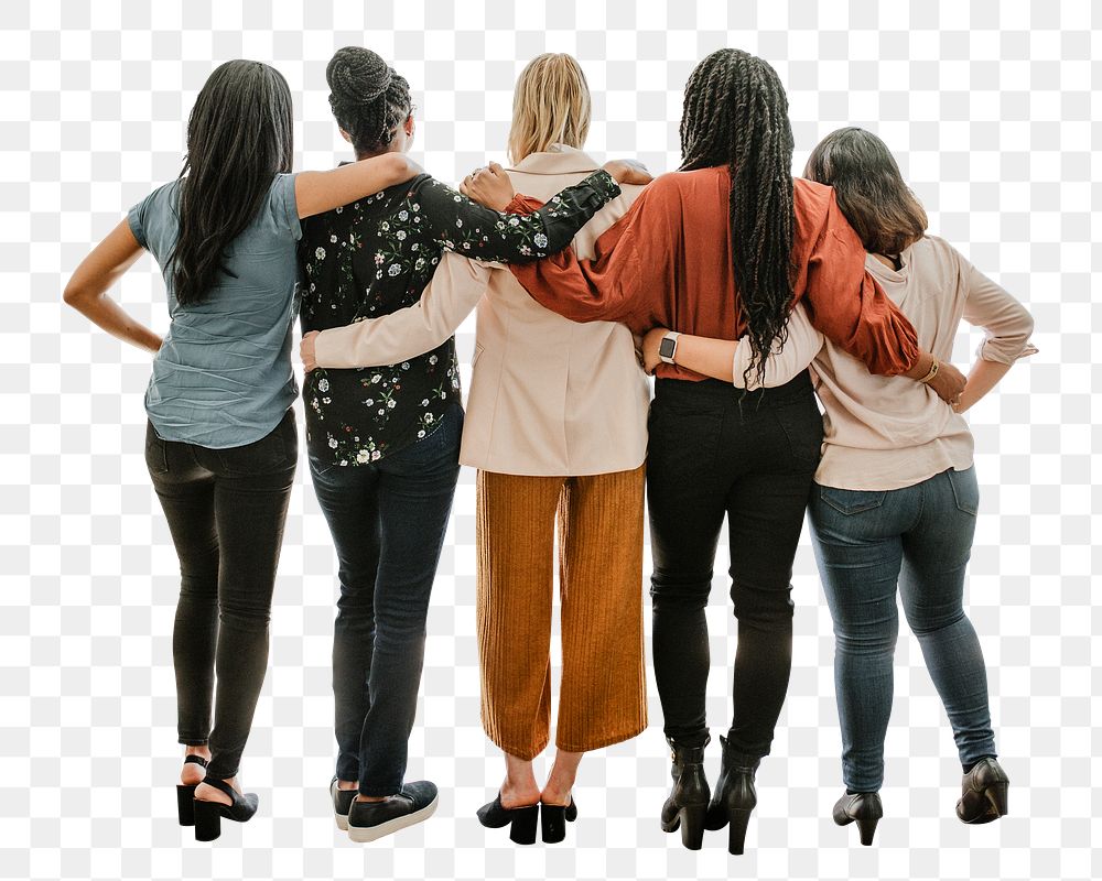 Png group of happy women, rear view, isolated collage element, transparent background