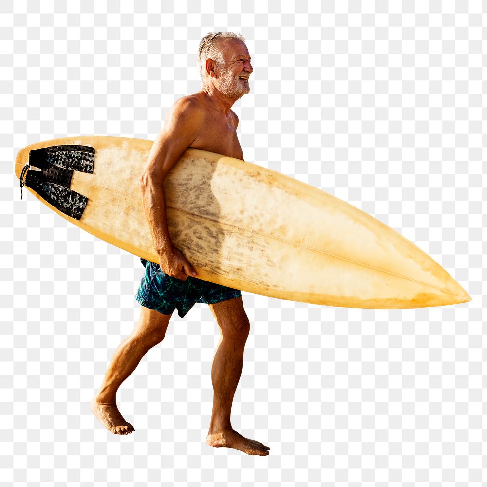 Png senior beach surfer, isolated collage element, transparent background