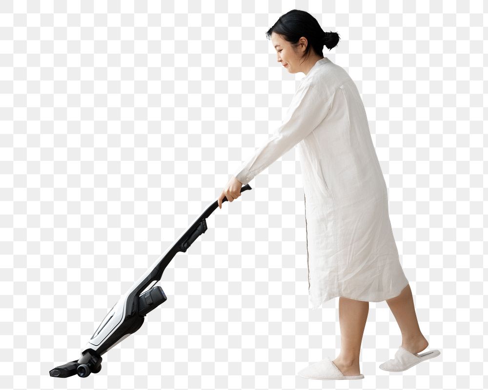 Png japanese woman vacuuming, isolated collage element, transparent background