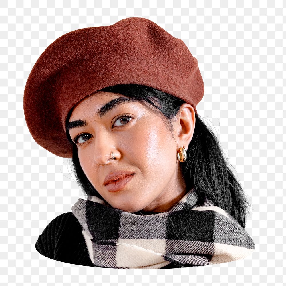 PNG woman in brown beret, autumn fashion, transparent background