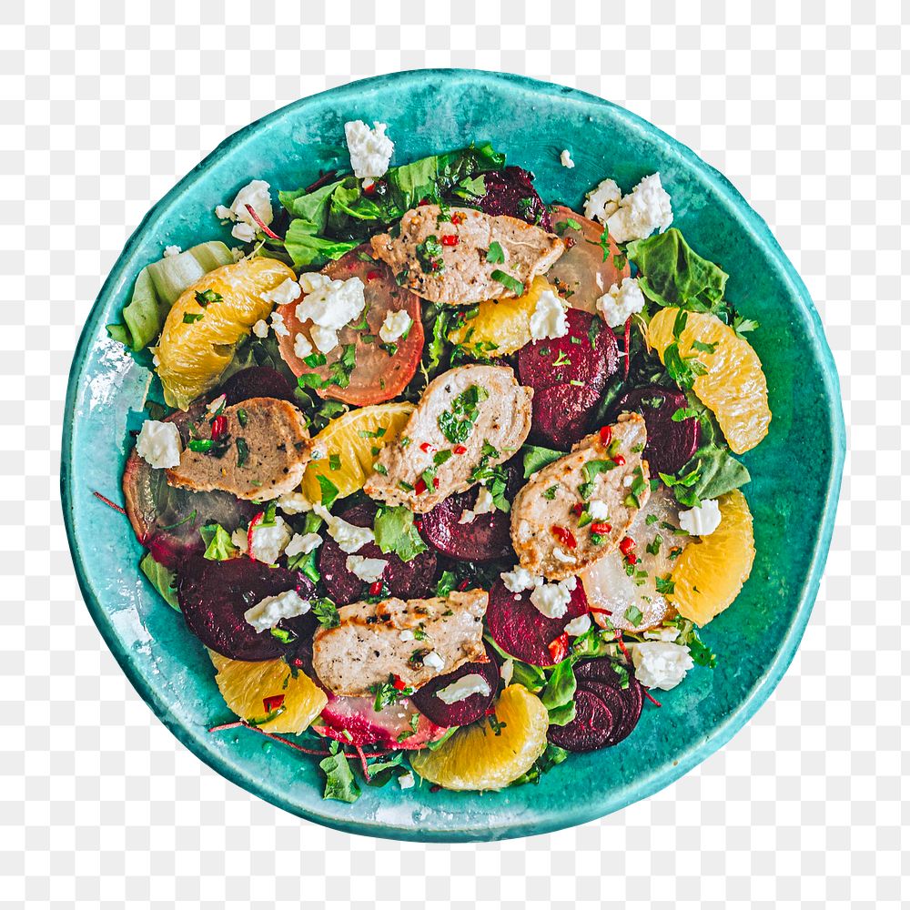 Fresh healthy salad png, in a blue bowl, transparent background