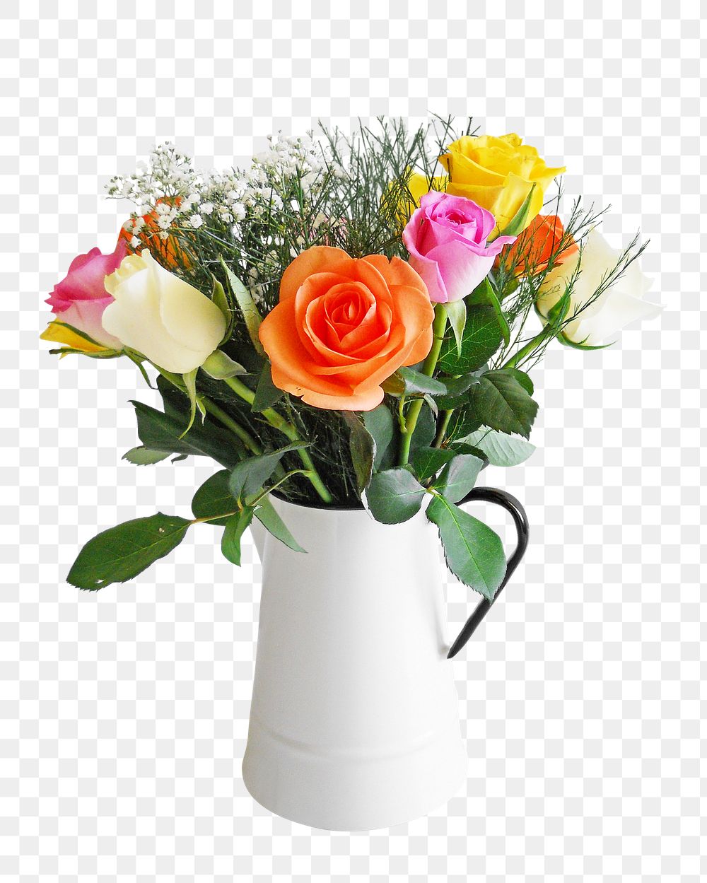 Png colorful roses vase element, transparent background