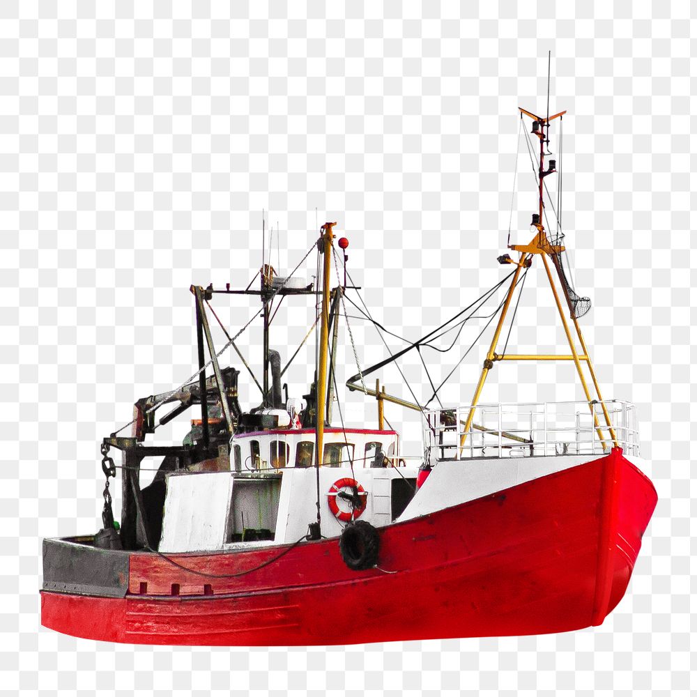 Red fishing boat png, transparent background