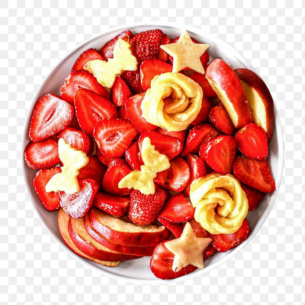 PNG Fruit salad bowl red strawberry apple design element, transparent background