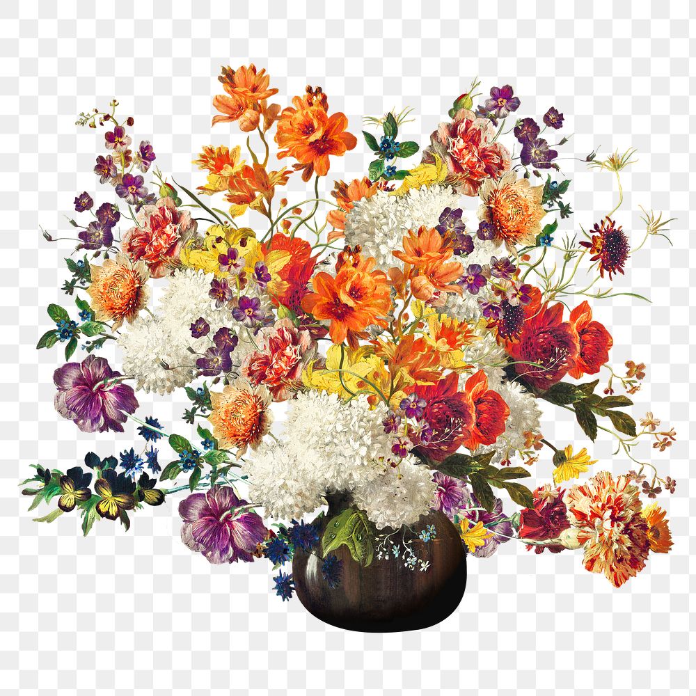Png colorful flower vase, vintage design on transparent background