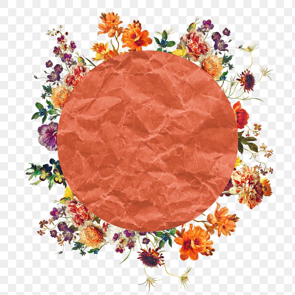 Png orange circle, flower frame, paper texture element on transparent background