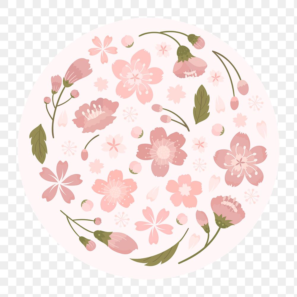 Pink floral png on circle shape, transparent background