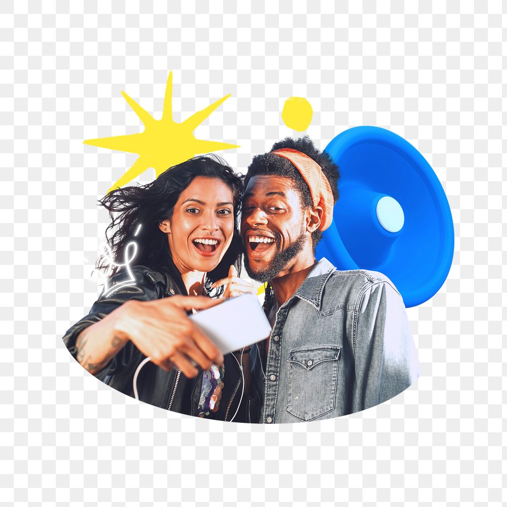 Png couple taking selfies, social media collage, transparent background