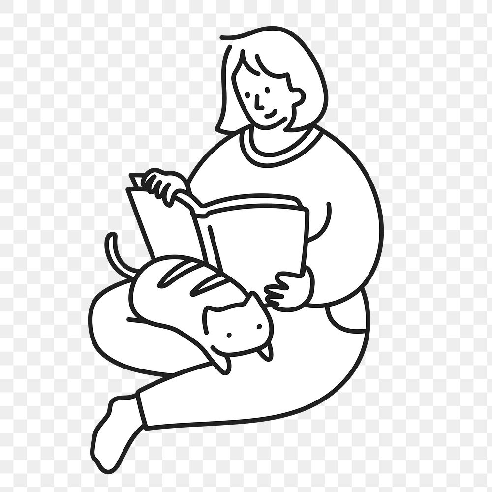 Doodle woman reading png illustration, transparent background