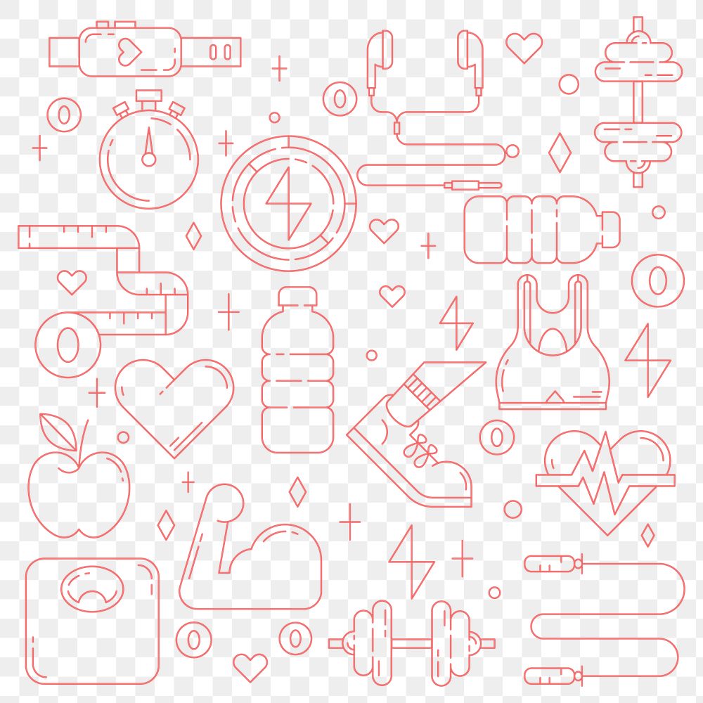 PNG Fitness, health & wellness icons, pink line art collection, transparent background