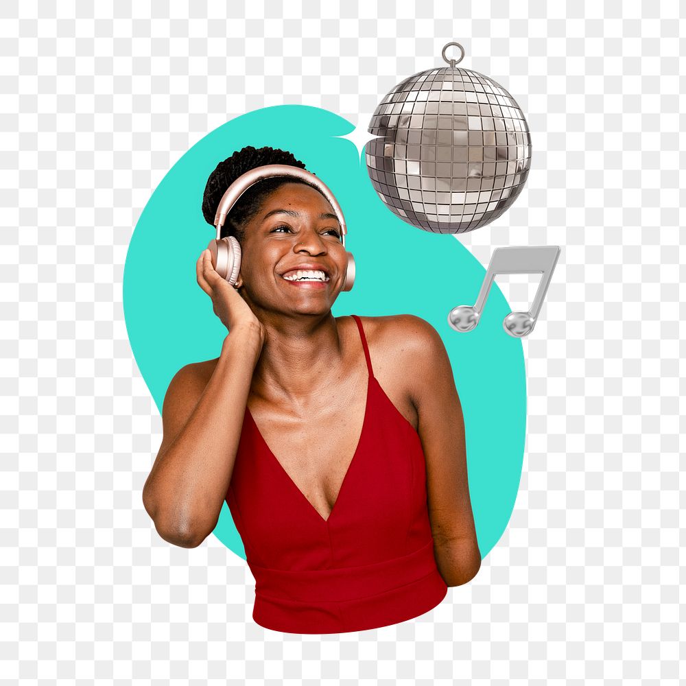 Png woman listening to music, 3D remix, transparent background