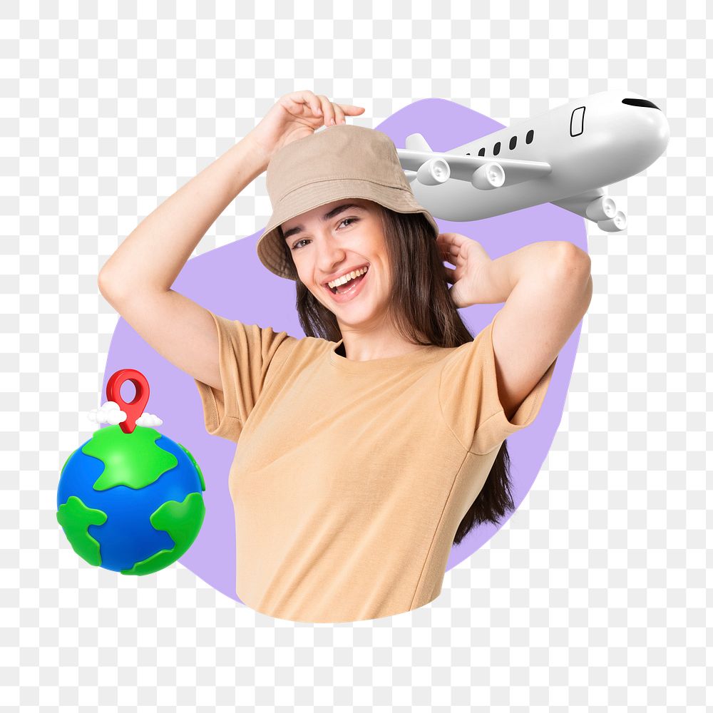 Cheerful tourist woman png, creative travel remix, transparent background