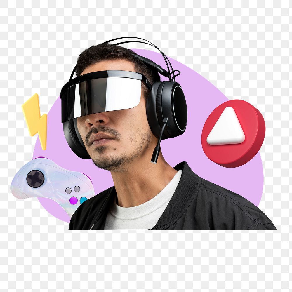 Man wearing smart glasses png, creative gaming remix, transparent background