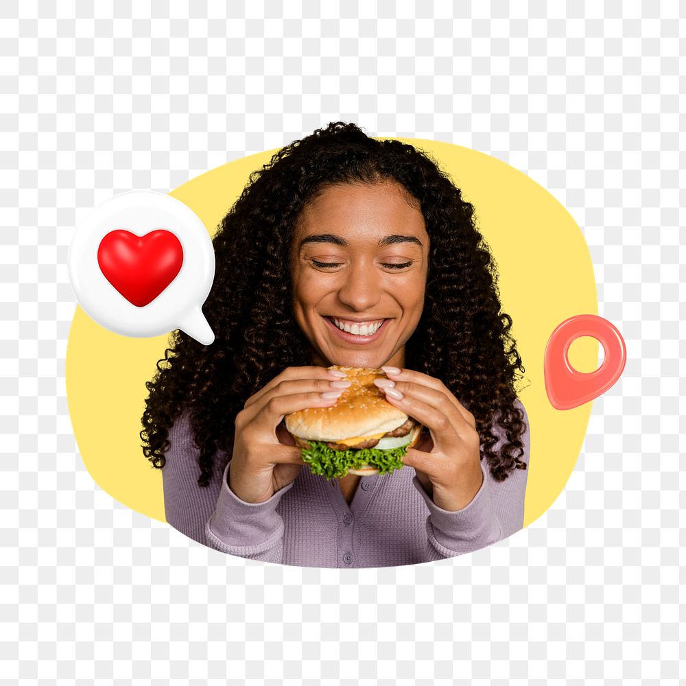 Woman eating burger png, creative food remix, transparent background