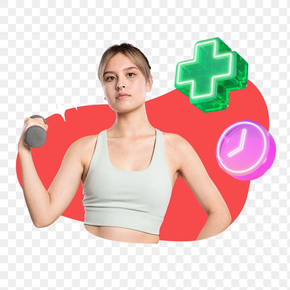 Fit woman exercising png, creative wellness remix, transparent background