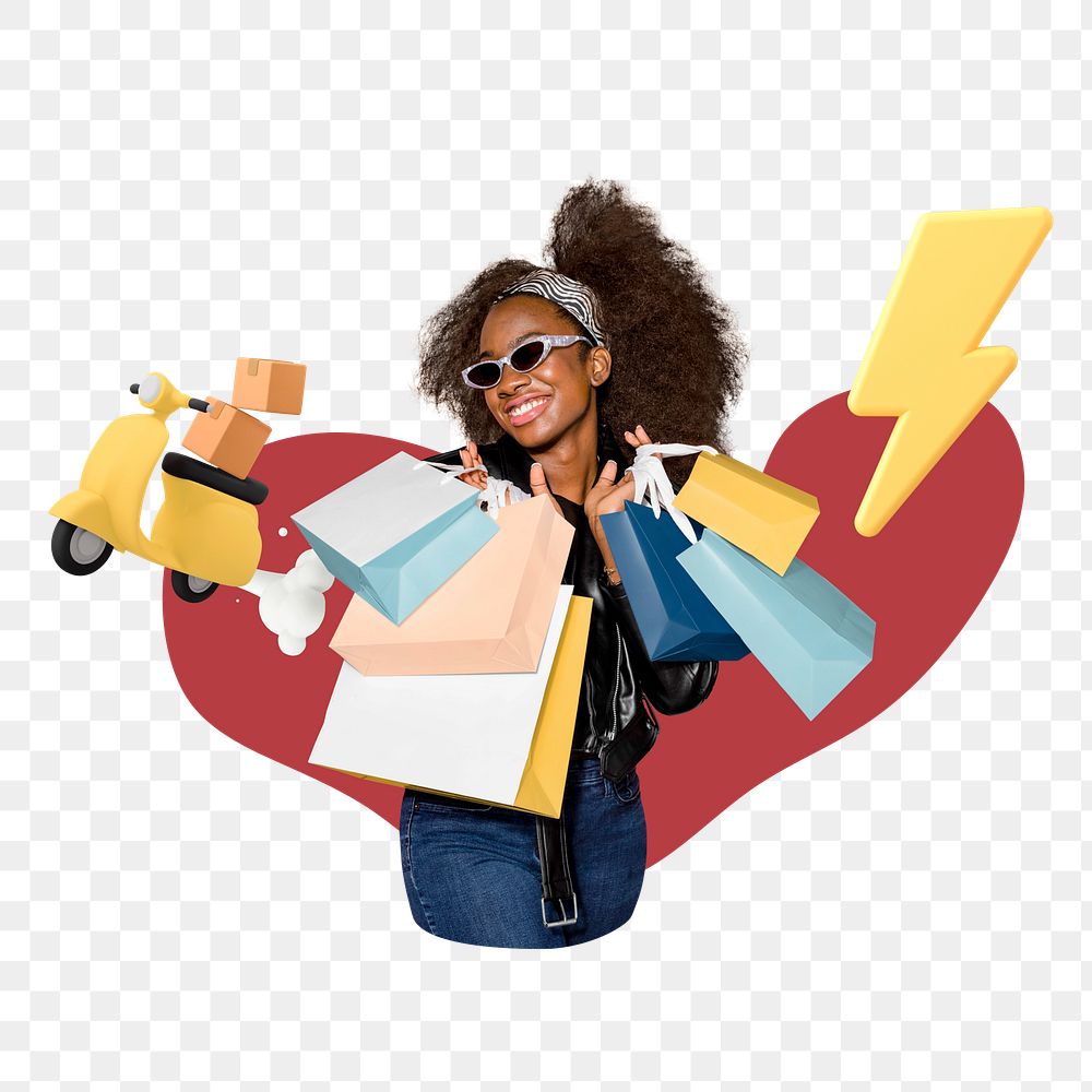 Woman holding shopping bags png, creative remix, transparent background