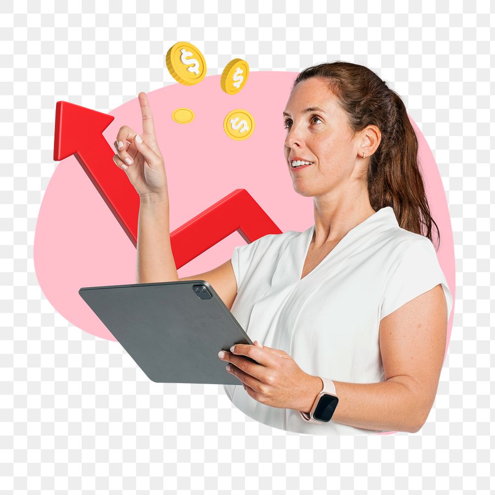 Businesswoman using tablet png, business strategy remix, transparent background