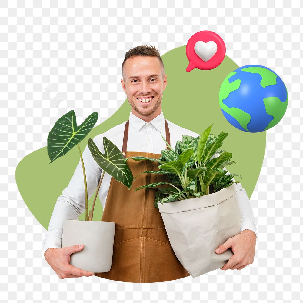 Man holding houseplant png, creative environment remix, transparent background