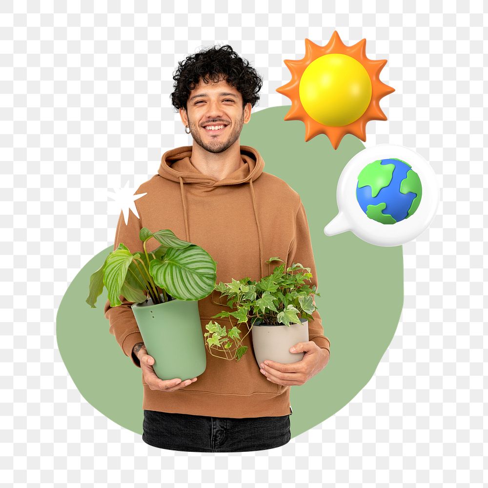 Man holding houseplant png, creative environment remix, transparent background